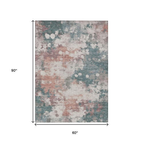 5' X 8' Coral And Teal Blue Abstract Washable Indoor Outdoor Area Rug