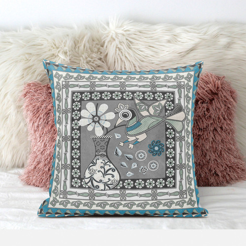 18" x 18" Gray and White Peacock Blown Seam Floral Indoor Outdoor Throw Pillow Home Accent