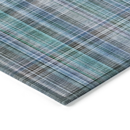 2' X 8' Blue Teal and Gray Plaid Washable Non Skid Indoor Outdoor Area Rug