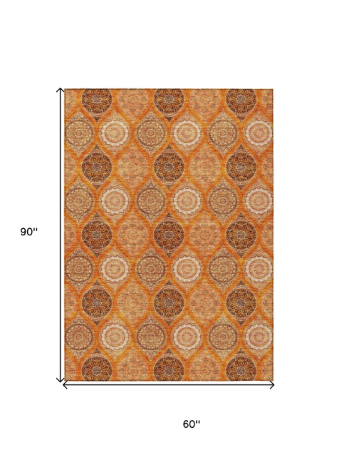 5' X 8' Orange Ivory And Gray Floral Medallion Washable Indoor Outdoor Area Rug