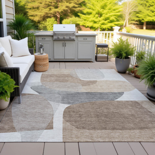 5' X 8' Brown And Gray Abstract Washable Indoor Outdoor Area Rug