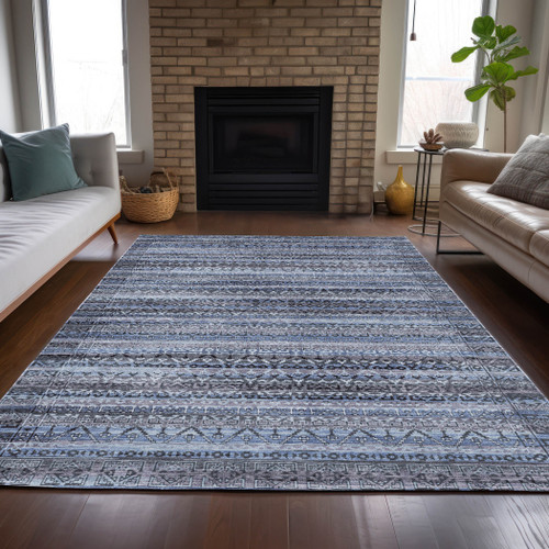 5' X 8' Blue And Charcoal Striped Washable Indoor Outdoor Area Rug