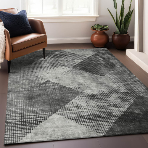 3' X 5' Gray And Black Geometric Washable Indoor Outdoor Area Rug