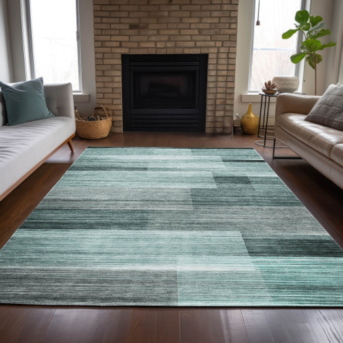 5' X 8' Teal Blue And Ivory Striped Washable Indoor Outdoor Area Rug - Teal Blue, Ivory