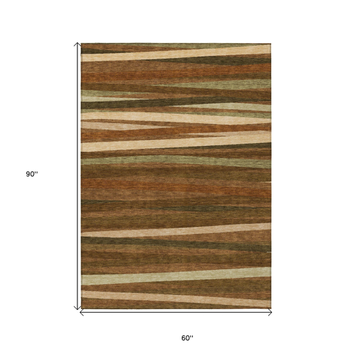 5' X 8' Brown Copper And Beige Striped Washable Indoor Outdoor Area Rug
