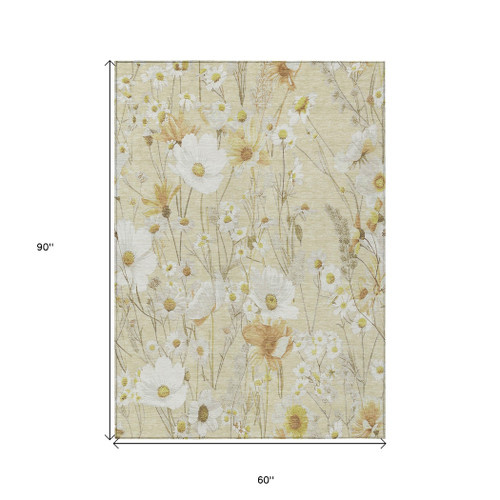 5' X 8' Wheat And Ivory Floral Washable Indoor Outdoor Area Rug