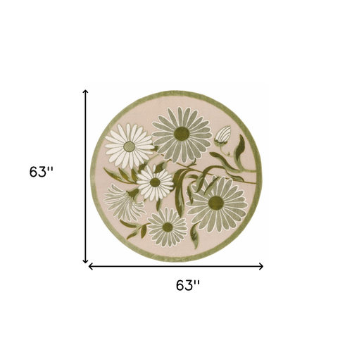 5' Ivory Green And Dark Green Round Floral Indoor Outdoor Area Rug