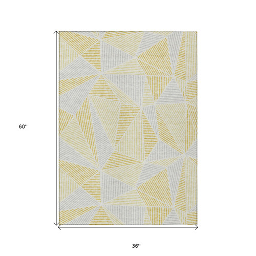 3' X 5' Gold Gray And Wheat Geometric Washable Indoor Outdoor Area Rug