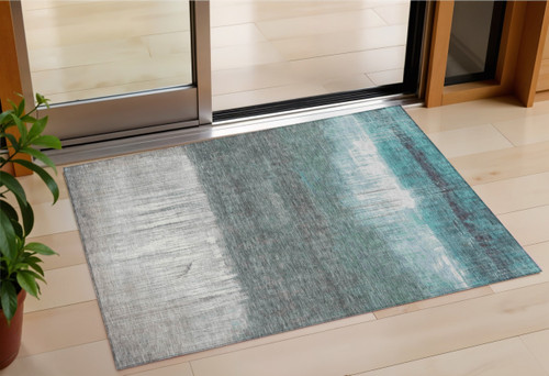 3' X 5' Teal Blue And Gray Abstract Washable Indoor Outdoor Area Rug