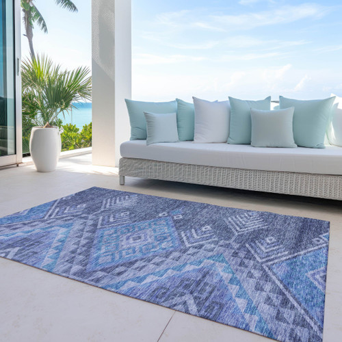 5' X 8' Navy Blue Charcoal And Gray Southwestern Washable Indoor Outdoor Area Rug