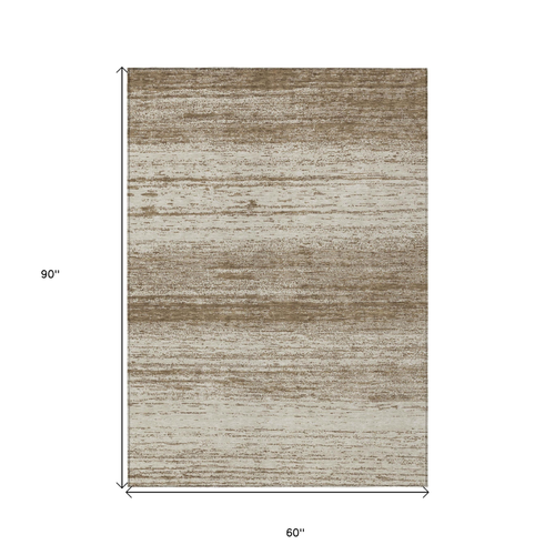 5' X 8' Brown And Beige Striped Washable Indoor Outdoor Area Rug