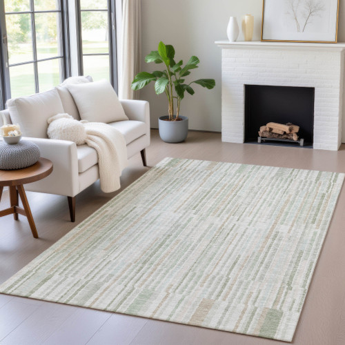 3' X 5' Sage And Ivory Striped Washable Indoor Outdoor Area Rug