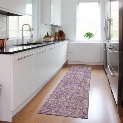 8' Runner Lavender and Ivory Floral Washable Non Skid Indoor Outdoor Runner Rug