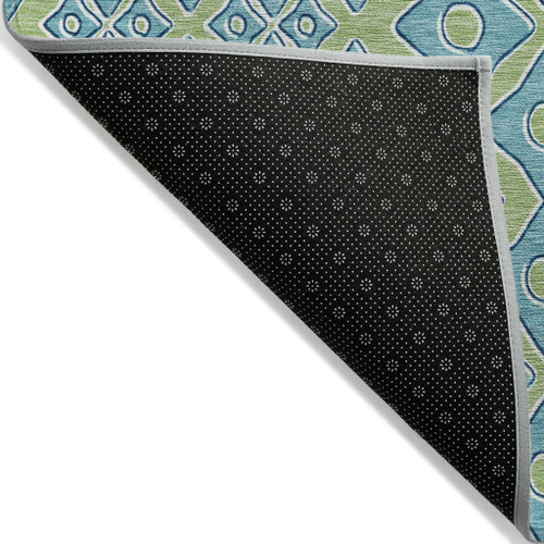 3' X 5' Artichoke Green And Aqua Geometric Washable Indoor Outdoor Area Rug