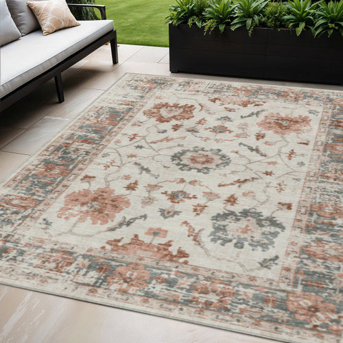 5' X 8' Linen And Ivory Floral Washable Indoor Outdoor Area Rug