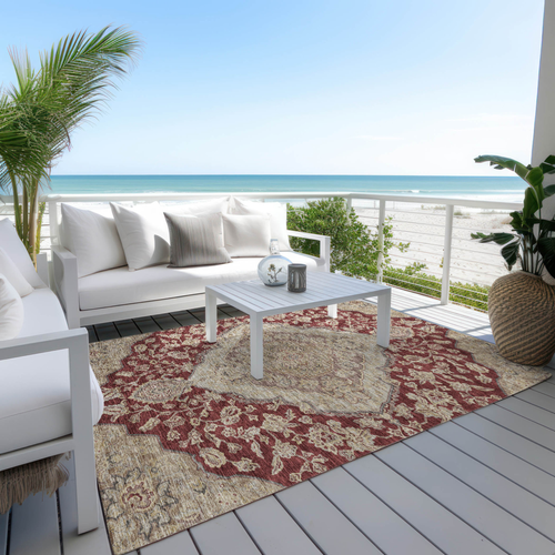 5' X 8' Red Beige And Brown Oriental Washable Indoor Outdoor Area Rug