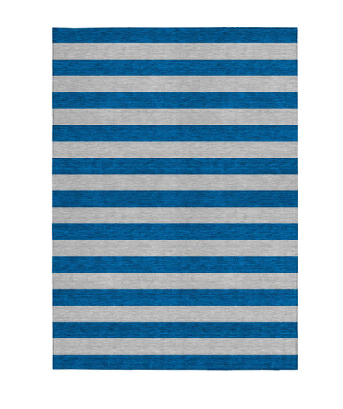 3' X 5' Blue and Ivory Striped Washable Indoor Outdoor Area Rug
