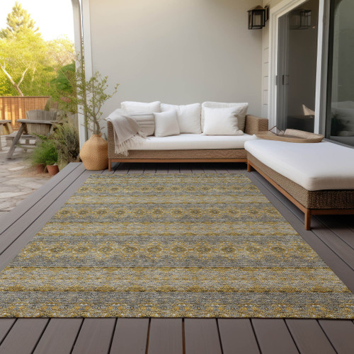 5' X 8' Gold Gray And Silver Floral Medallion Washable Indoor Outdoor Area Rug
