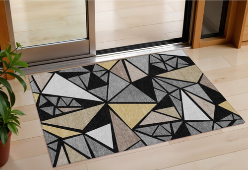 3' X 5' Black Beige And Gray Geometric Washable Indoor Outdoor Area Rug