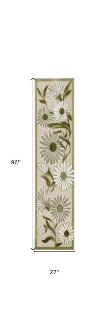 8' Ivory And Green Floral Indoor Outdoor Runner Rug