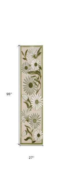 8' Ivory And Green Floral Indoor Outdoor Runner Rug