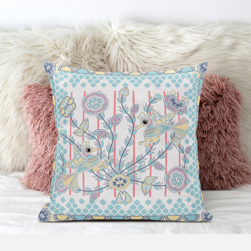 18" X 18" White And Yellow Bird Blown Seam Floral Indoor Outdoor Throw Pillow