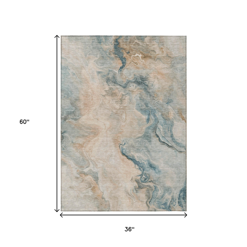 3' X 5' Teal Blue Coral And Ivory Abstract Washable Indoor Outdoor Area Rug