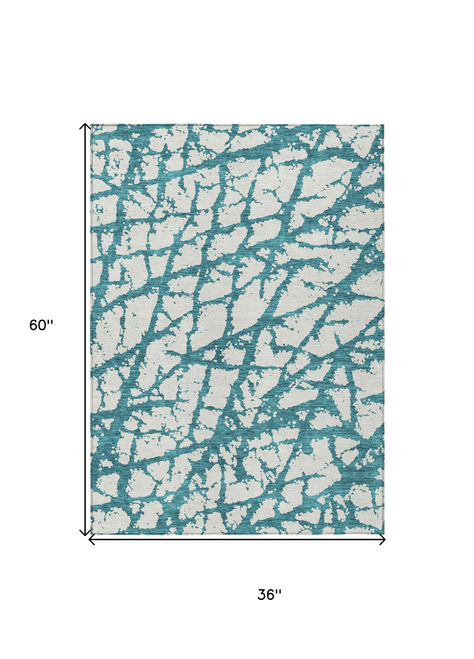3' X 5' Teal Blue And Ivory Abstract Washable Indoor Outdoor Area Rug