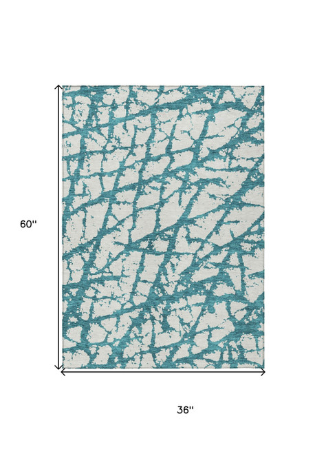 3' X 5' Teal Blue And Ivory Abstract Washable Indoor Outdoor Area Rug