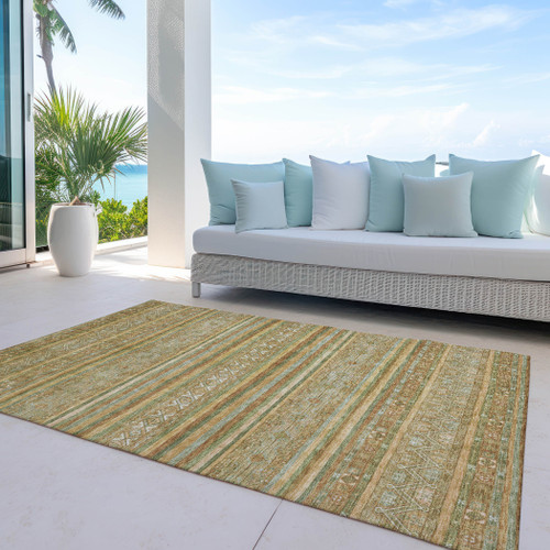 5' X 8' Artichoke Green Gold And Beige Southwestern Washable Indoor Outdoor Area Rug
