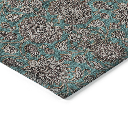 5' X 8' Teal Blue Beige And Taupe Floral Washable Indoor Outdoor Area Rug