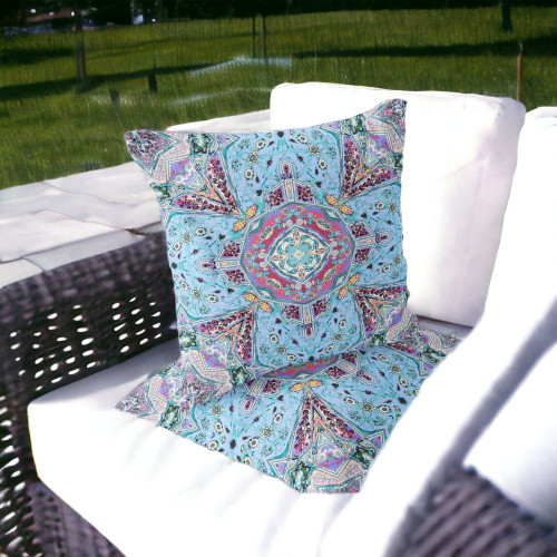 Premium Quality Set of Two 16" X 16" Blue and Green Blown Seam Floral Indoor Outdoor Throw Pillow for Living Room Bedroom Office