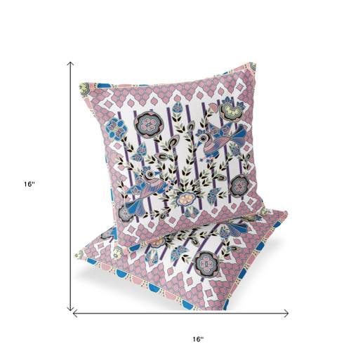 Set of Two 16" X 16" Pink and White Peacock Blown Seam Floral Indoor Outdoor Throw Pillow Polyester Decor