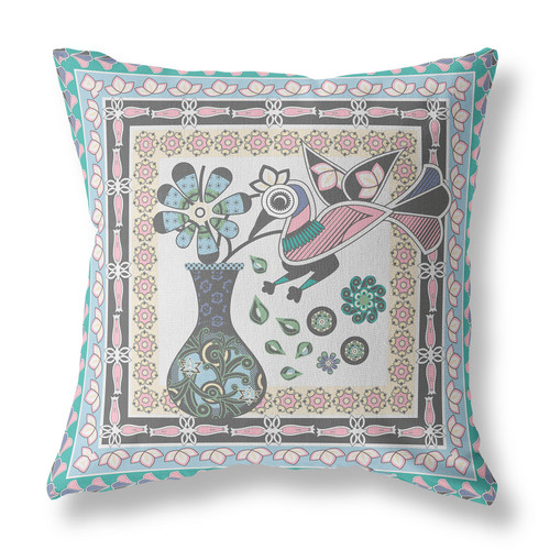 16" x 16" Gray Peacock Blown Seam Floral Indoor Outdoor Throw Pillow Home Accent