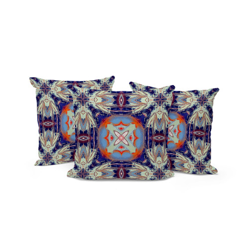 Set of Three 16" X 16" Blue and Orange Blown Seam Floral Indoor Outdoor Throw Pillow Polyester Home Accent