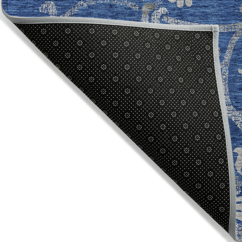 3' X 5' Navy Blue And Silver Floral Washable Indoor Outdoor Area Rug