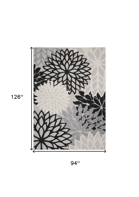 8' X 11' Black And White Floral Indoor Outdoor Area Rug