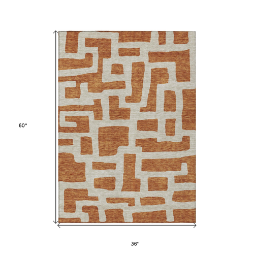 3' X 5' Terra Cotta And Gray Abstract Washable Indoor Outdoor Area Rug