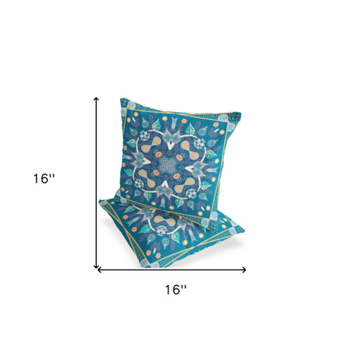 Set of Two 16" X 16" Blue and Yellow Blown Seam Paisley Indoor Outdoor Throw Pillow