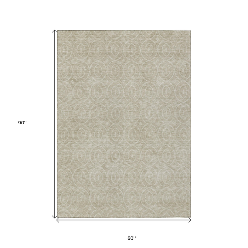 5' X 8' Beige Geometric Washable Indoor Outdoor Area Rug