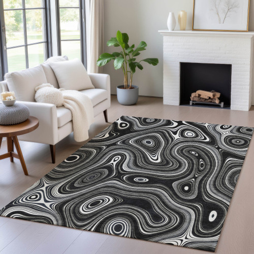 3' X 5' Black And Ivory Geometric Washable Indoor Outdoor Area Rug - Black, Ivory