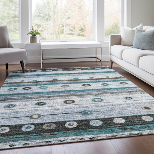3' X 5' Teal Blue Brown And Ivory Striped Washable Indoor Outdoor Area Rug - Teal Blue, Brown, Ivory