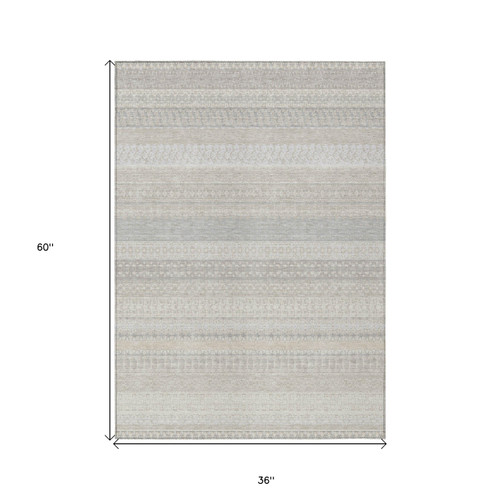 3' X 5' Ivory Striped Washable Indoor Outdoor Area Rug