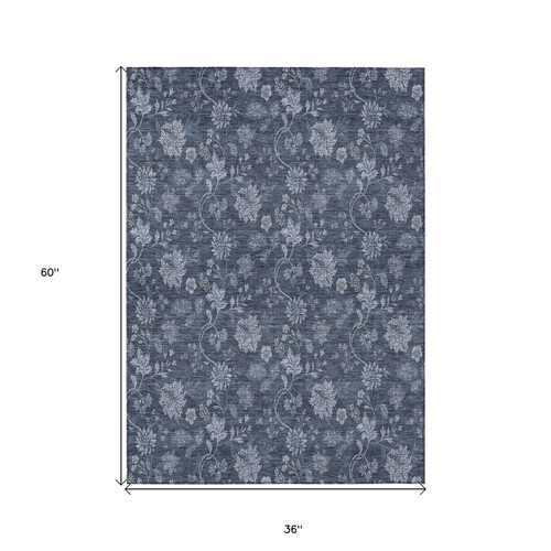 3' X 5' Denim Blue And Navy Blue Floral Washable Indoor Outdoor Area Rug