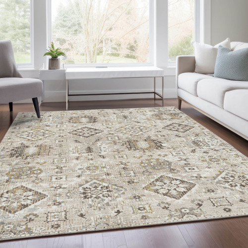 5' X 8' Linen And Ivory Floral Medallion Washable Indoor Outdoor Area Rug