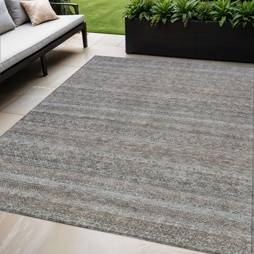 5' X 8' Brown And Beige Striped Washable Indoor Outdoor Area Rug - Brown, Beige