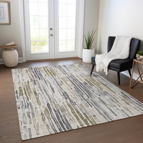 5' X 8' Beige And Gray Striped Washable Indoor Outdoor Area Rug