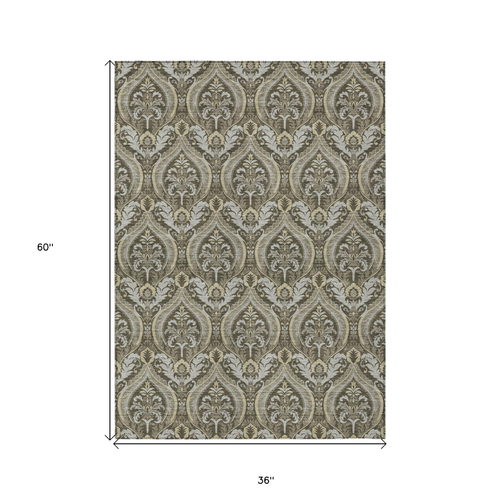 3' X 5' Taupe and Beige Damask Washable Non Skid Indoor Outdoor Area Rug