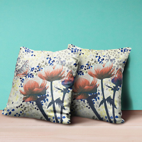 18" x 18" Orange Butterfly Blown Seam Floral Indoor Outdoor Throw Pillow