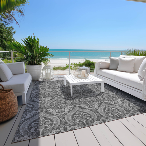 3' X 5' Gray Damask Washable Non Skid Indoor Outdoor Area Rug